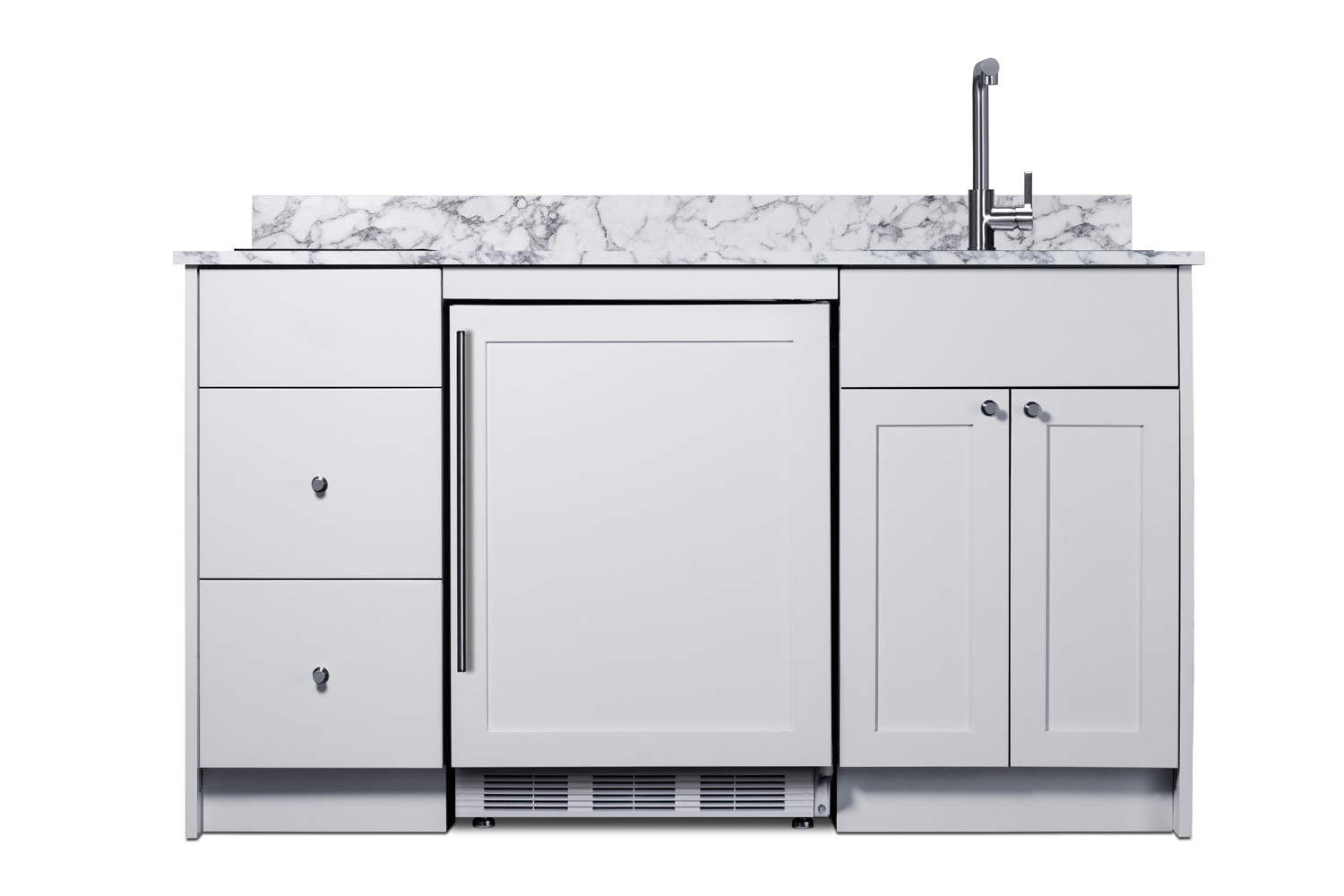 Turnkey Caldera Kitchen featuring pre-assembled cabinetry and countertop in white, complete with ENERGY STAR certified refrigerator-freezer, ENERGY STAR certified 115V induction cooktop, storage drawers, and sink with faucet; ships in two boxes on one pallet